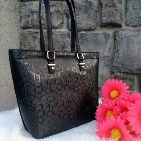 WALLET SOLD Calvin Klein Signature Black Floral Shopper Tote + Wallet - Picture 8 of 16